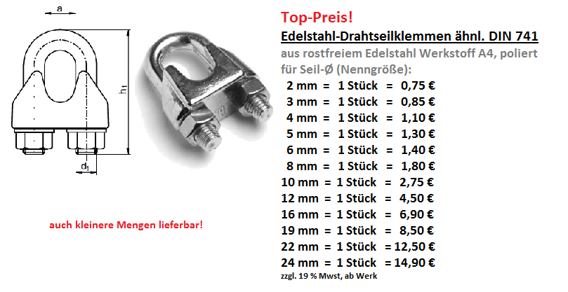 Edelstahl Simplexklemme 2mm Simplex - Seilklemme Drahtseilklemme