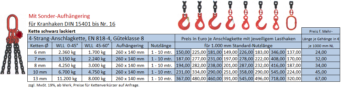 4 Strang Kranhakenkette bis Nr. 16