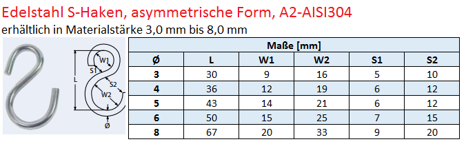 Edelstahl S-Haken asymmetrisch