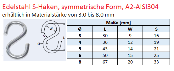 Edelstahl S-Haken symmetrisch