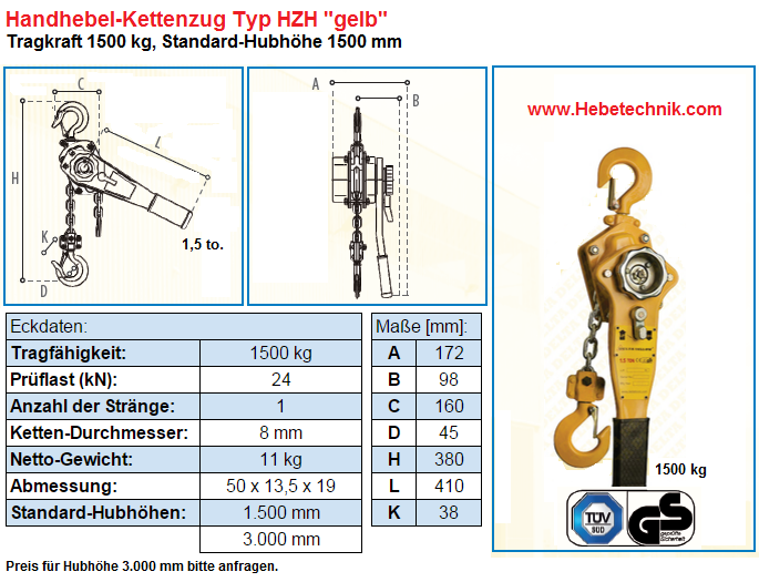 Handhebel-Kettenzug Tragkraft 1500 kg