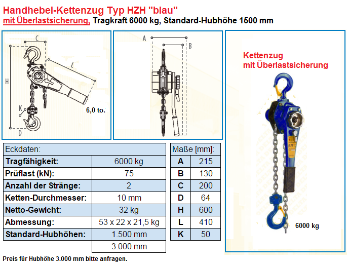 Handhebel-Kettenzug 6000 kg