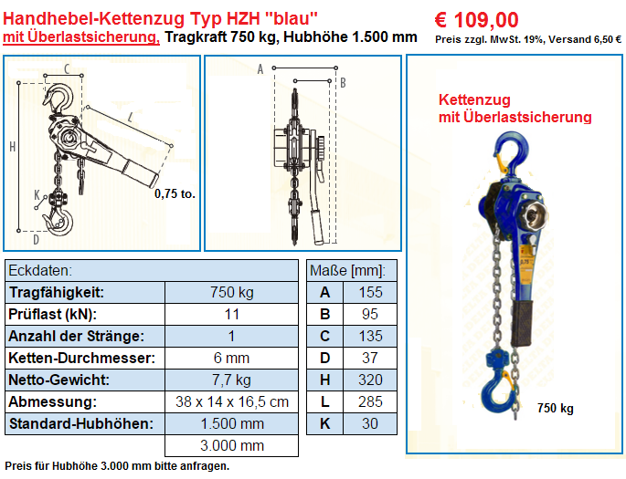 Handhebelkettenzug 750 kg