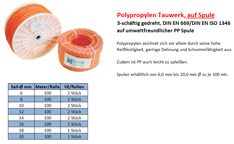 Ldm=0.50€ Polypropylen Mehrzweckseil Länge 10 m Ø  8 mm orange DIN EN 699