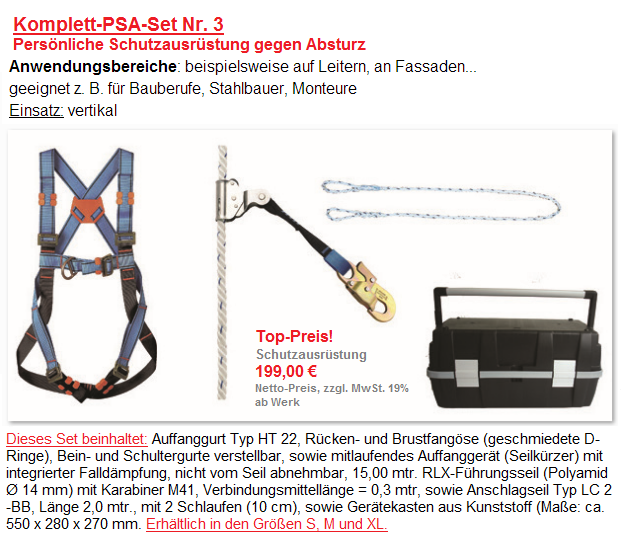 Auffanggurt für vertikalen Einsatz