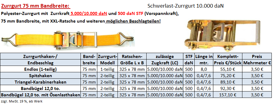 Spanngurt 75mm - 2-teilig mit Ergoratsche und Spitzhaken - 10t