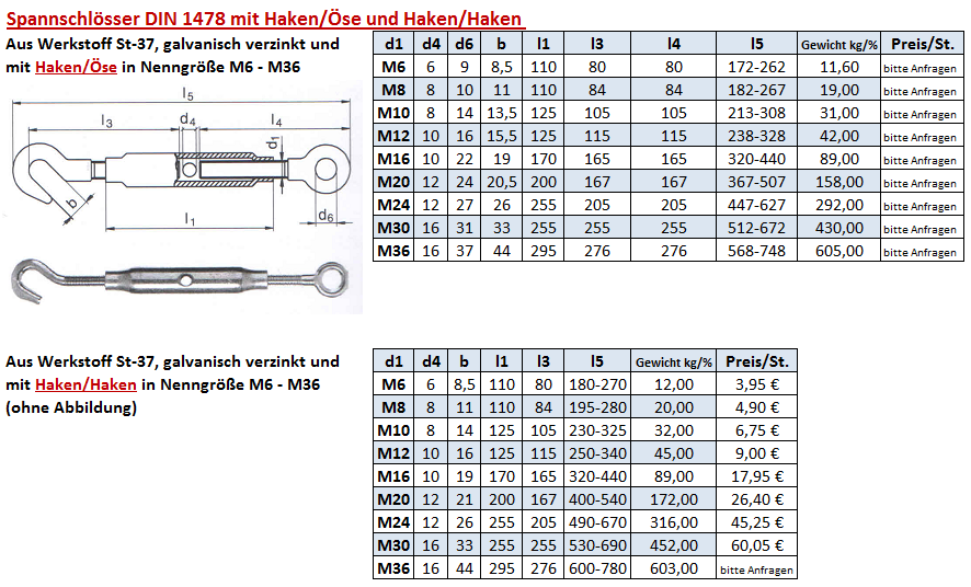 Spannschloss DIN 1478 mit Haken/Haken bzw. Haken und Öse